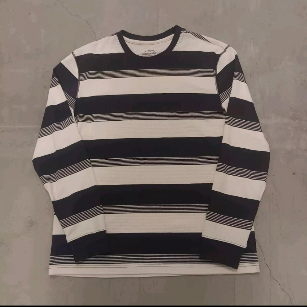 Roebuck & Co Men’s Thermal Knit Size XL Navy Blue White Stripped Long Sleeve